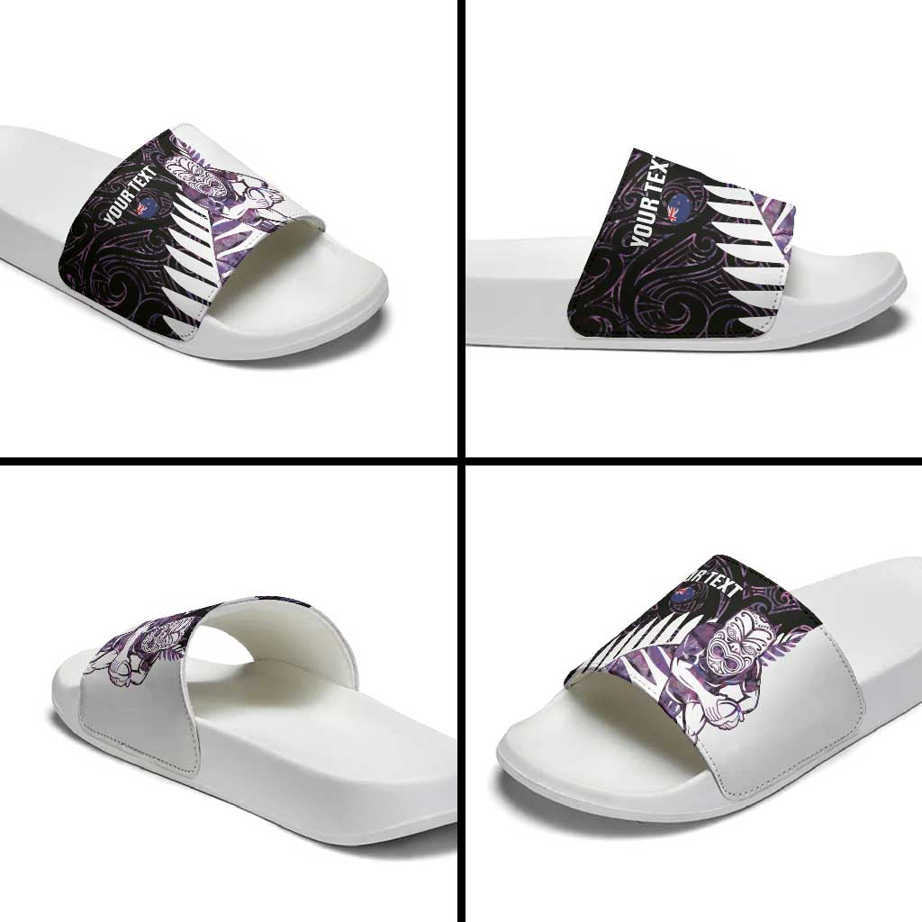 New Zealand Silver Fern Rugby Custom Slide Sandals Go All Black Purple Maori Paua Shell LT14 - Polynesian Pride