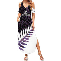 New Zealand Silver Fern Rugby Custom Summer Maxi Dress Go All Black Purple Maori Paua Shell LT14 Women Purple - Polynesian Pride