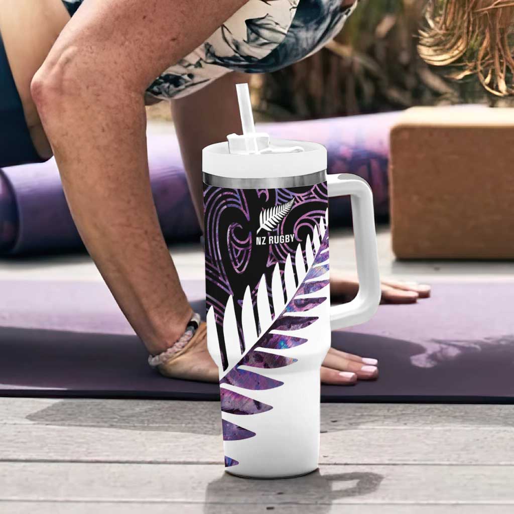 New Zealand Silver Fern Rugby Custom Tumbler With Handle Go All Black Purple Maori Paua Shell LT14 - Polynesian Pride