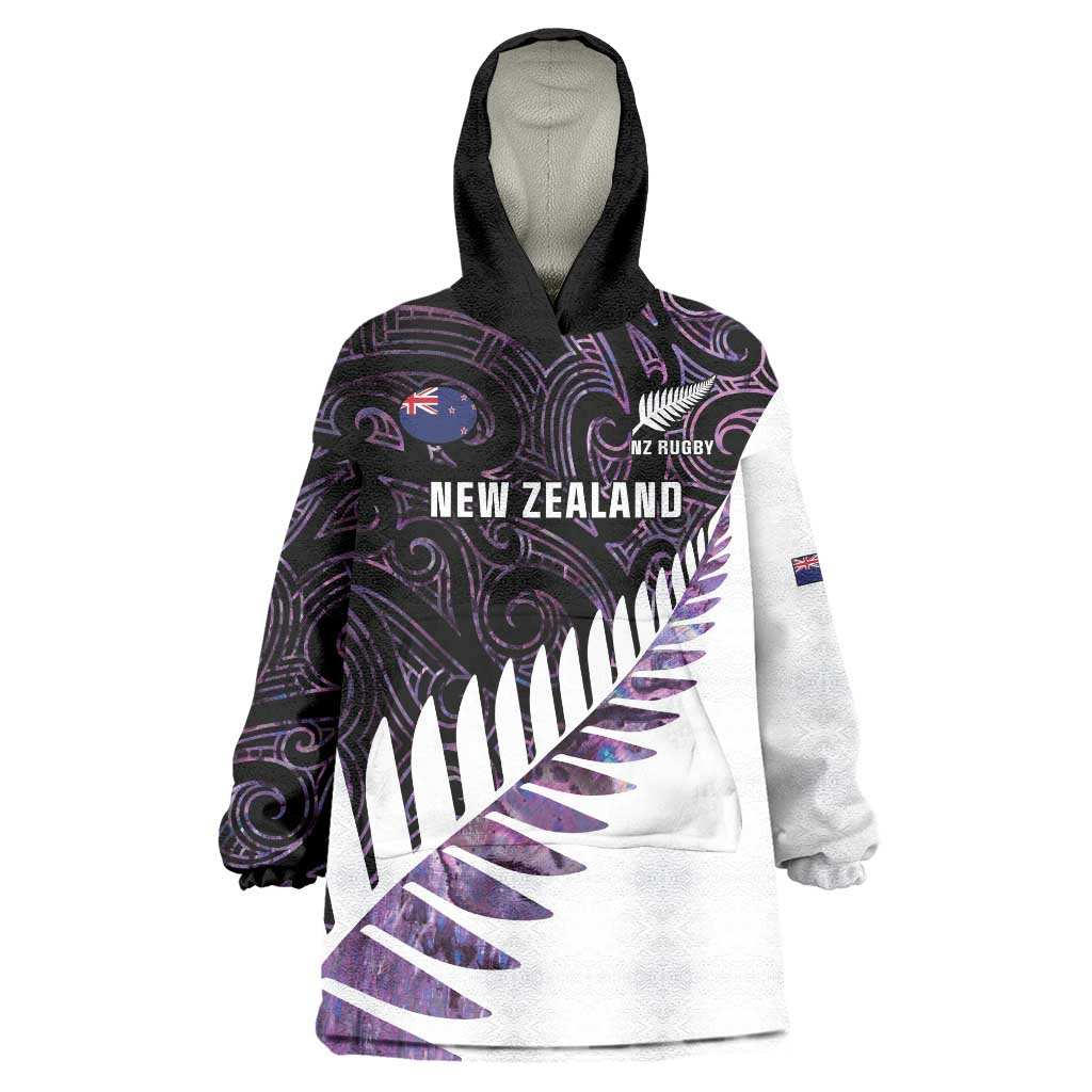 New Zealand Silver Fern Rugby Custom Wearable Blanket Hoodie Go All Black Purple Maori Paua Shell LT14 One Size Purple - Polynesian Pride