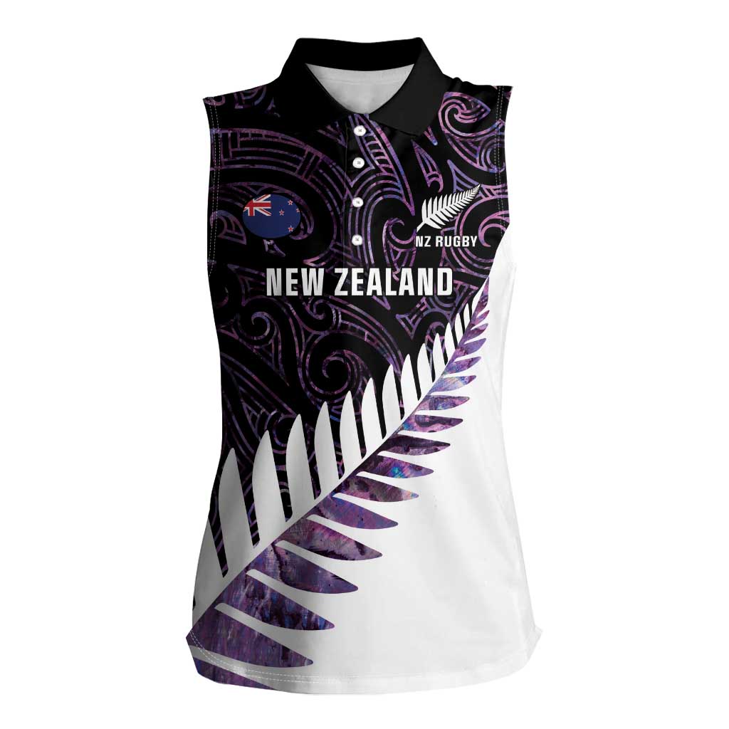 New Zealand Silver Fern Rugby Custom Women Sleeveless Polo Shirt Go All Black Purple Maori Paua Shell LT14 Female Purple - Polynesian Pride