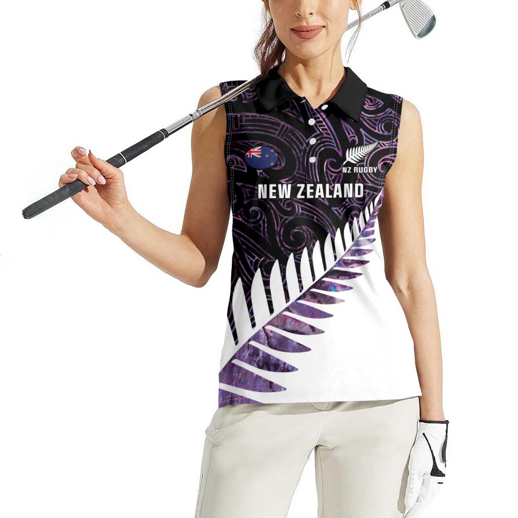 New Zealand Silver Fern Rugby Custom Women Sleeveless Polo Shirt Go All Black Purple Maori Paua Shell LT14 - Polynesian Pride