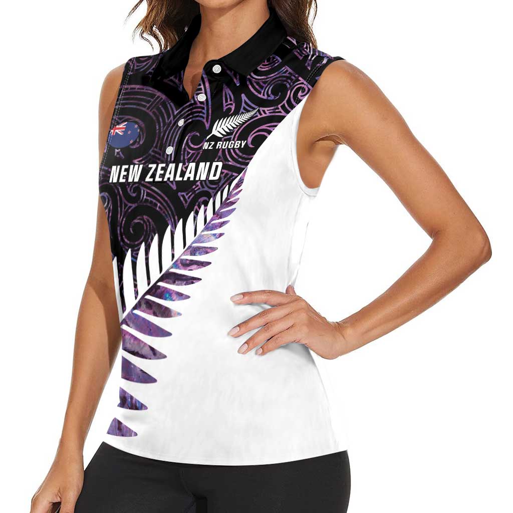 New Zealand Silver Fern Rugby Custom Women Sleeveless Polo Shirt Go All Black Purple Maori Paua Shell LT14 - Polynesian Pride
