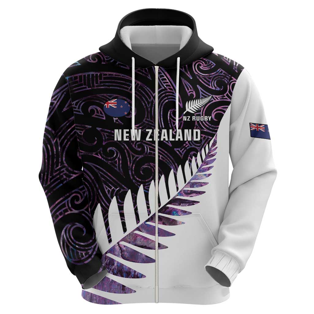 New Zealand Silver Fern Rugby Custom Zip Hoodie Go All Black Purple Maori Paua Shell LT14 - Polynesian Pride