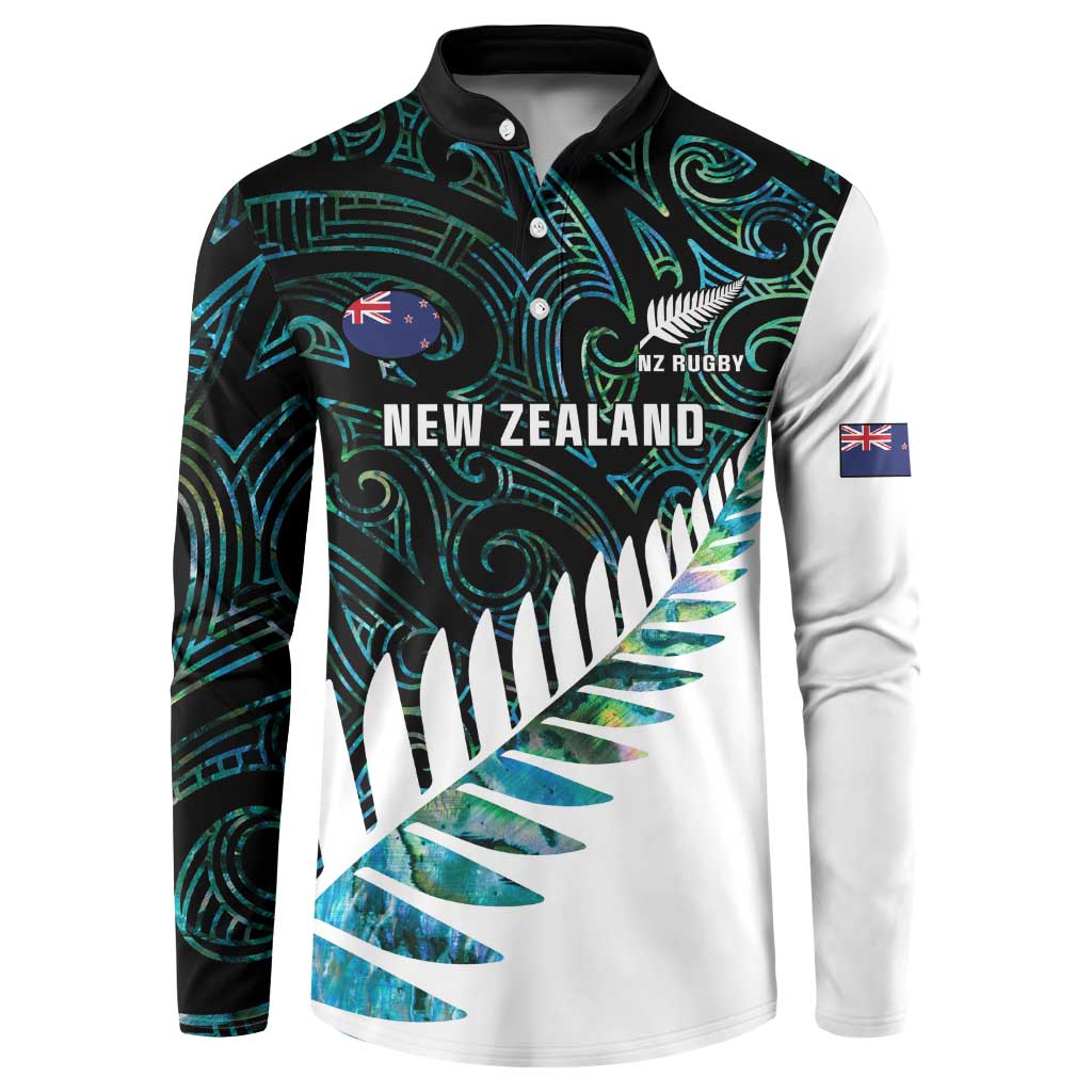 New Zealand Silver Fern Rugby Custom Button Sweatshirt Go All Black Turquoise Maori Paua Shell - Polynesian Pride
