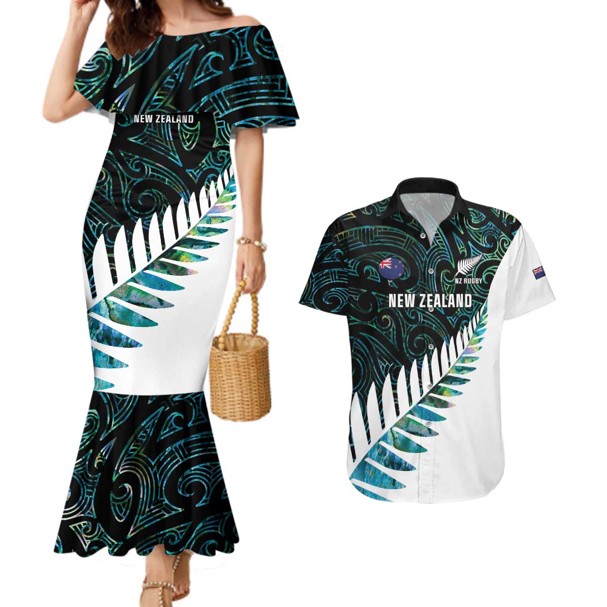 New Zealand Silver Fern Rugby Custom Couples Matching Mermaid Dress and Hawaiian Shirt Go All Black Turquoise Maori Paua Shell - Polynesian Pride