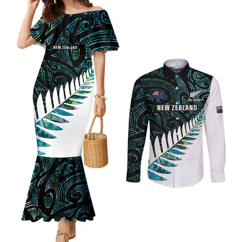 New Zealand Silver Fern Rugby Custom Couples Matching Mermaid Dress and Long Sleeve Button Shirt Go All Black Turquoise Maori Paua Shell - Polynesian Pride
