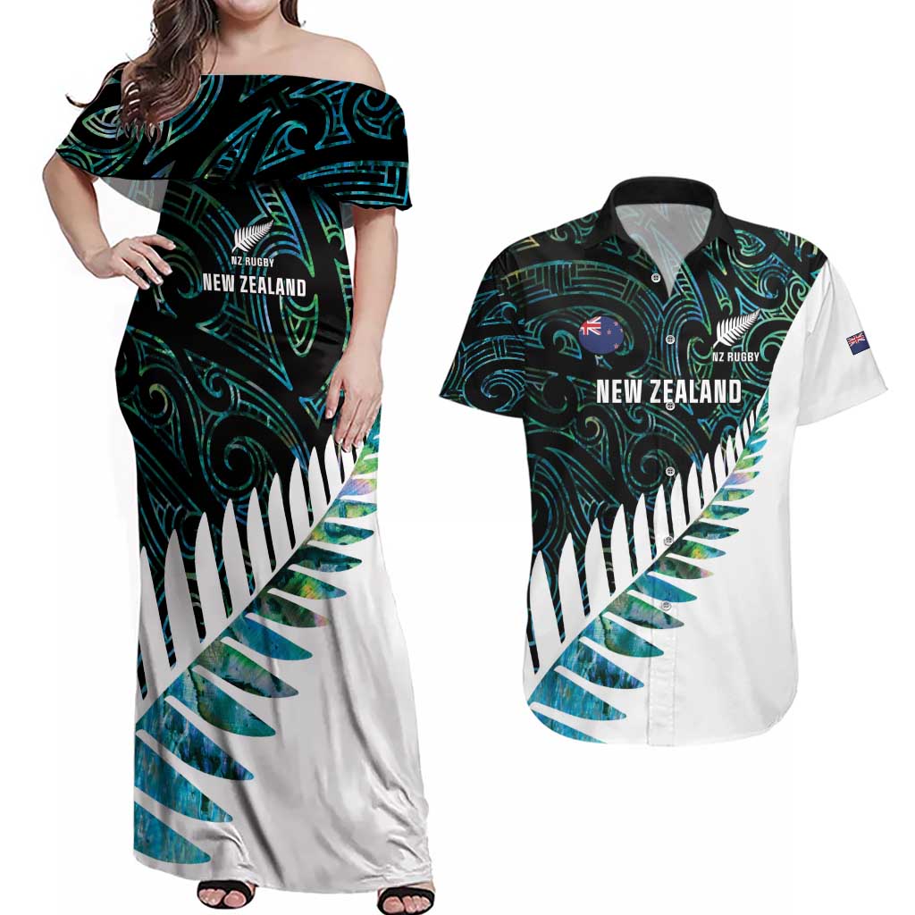 New Zealand Silver Fern Rugby Custom Couples Matching Off Shoulder Maxi Dress and Hawaiian Shirt Go All Black Turquoise Maori Paua Shell - Polynesian Pride