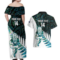 New Zealand Silver Fern Rugby Custom Couples Matching Off Shoulder Maxi Dress and Hawaiian Shirt Go All Black Turquoise Maori Paua Shell LT14 - Polynesian Pride