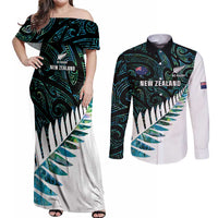 New Zealand Silver Fern Rugby Custom Couples Matching Off Shoulder Maxi Dress and Long Sleeve Button Shirt Go All Black Turquoise Maori Paua Shell LT14 Turquoise - Polynesian Pride