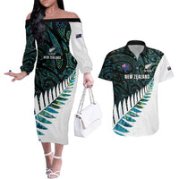 New Zealand Silver Fern Rugby Custom Couples Matching Off The Shoulder Long Sleeve Dress and Hawaiian Shirt Go All Black Turquoise Maori Paua Shell LT14 Turquoise - Polynesian Pride