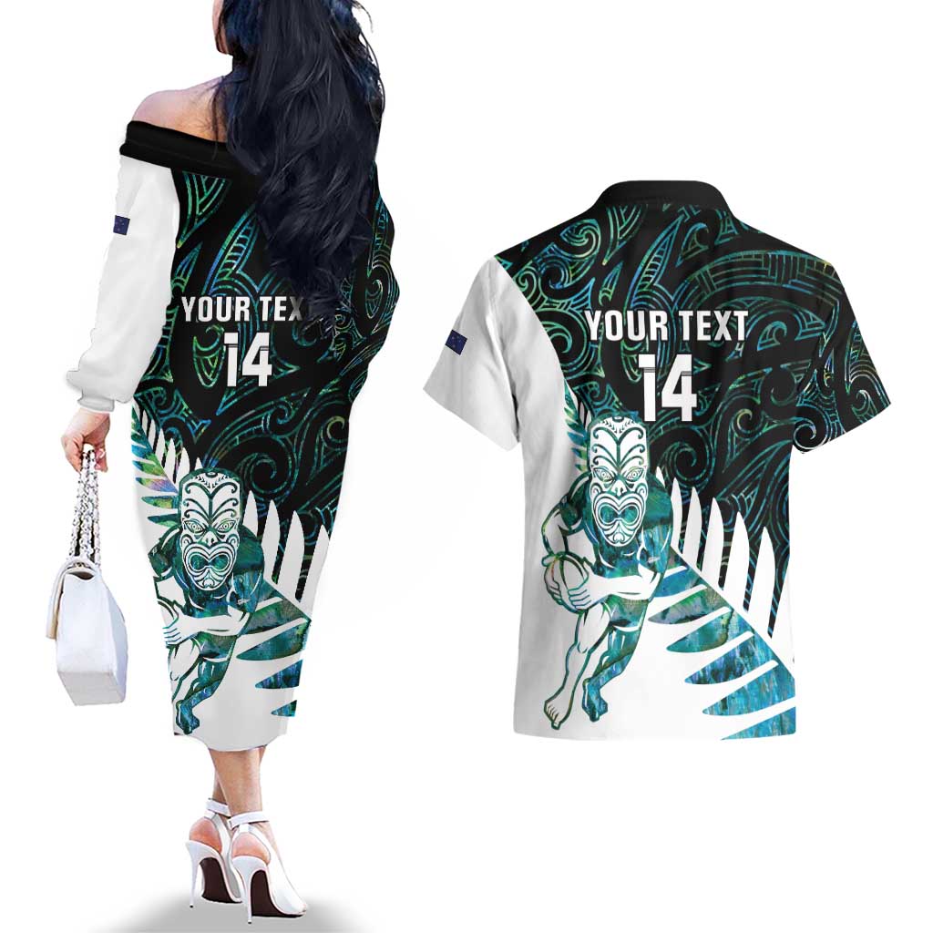 New Zealand Silver Fern Rugby Custom Couples Matching Off The Shoulder Long Sleeve Dress and Hawaiian Shirt Go All Black Turquoise Maori Paua Shell LT14 - Polynesian Pride
