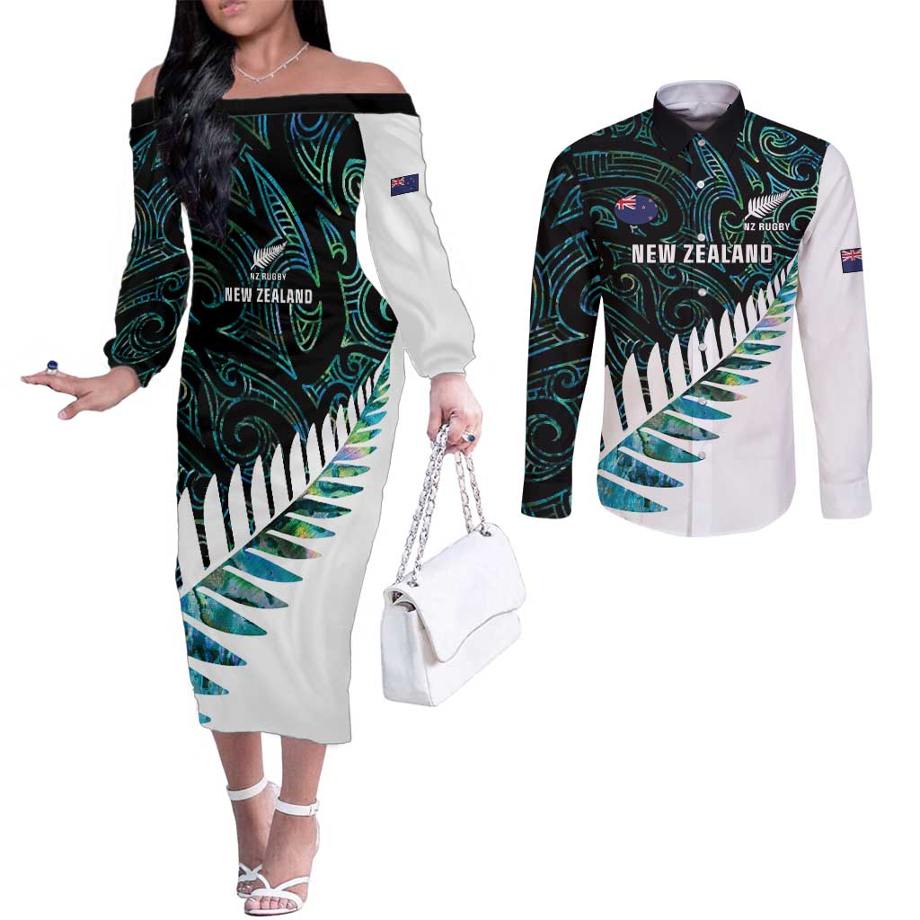 New Zealand Silver Fern Rugby Custom Couples Matching Off The Shoulder Long Sleeve Dress and Long Sleeve Button Shirt Go All Black Turquoise Maori Paua Shell - Polynesian Pride