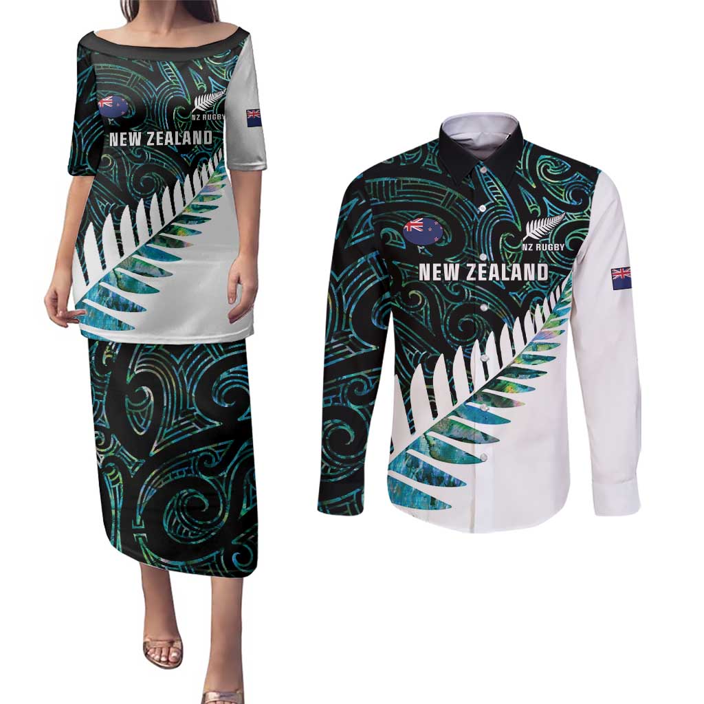 New Zealand Silver Fern Rugby Custom Couples Matching Puletasi and Long Sleeve Button Shirt Go All Black Turquoise Maori Paua Shell - Polynesian Pride