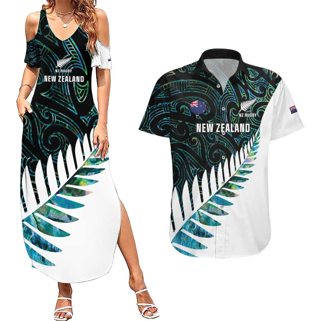 New Zealand Silver Fern Rugby Custom Couples Matching Summer Maxi Dress and Hawaiian Shirt Go All Black Turquoise Maori Paua Shell - Polynesian Pride