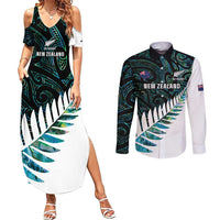 New Zealand Silver Fern Rugby Custom Couples Matching Summer Maxi Dress and Long Sleeve Button Shirt Go All Black Turquoise Maori Paua Shell - Polynesian Pride