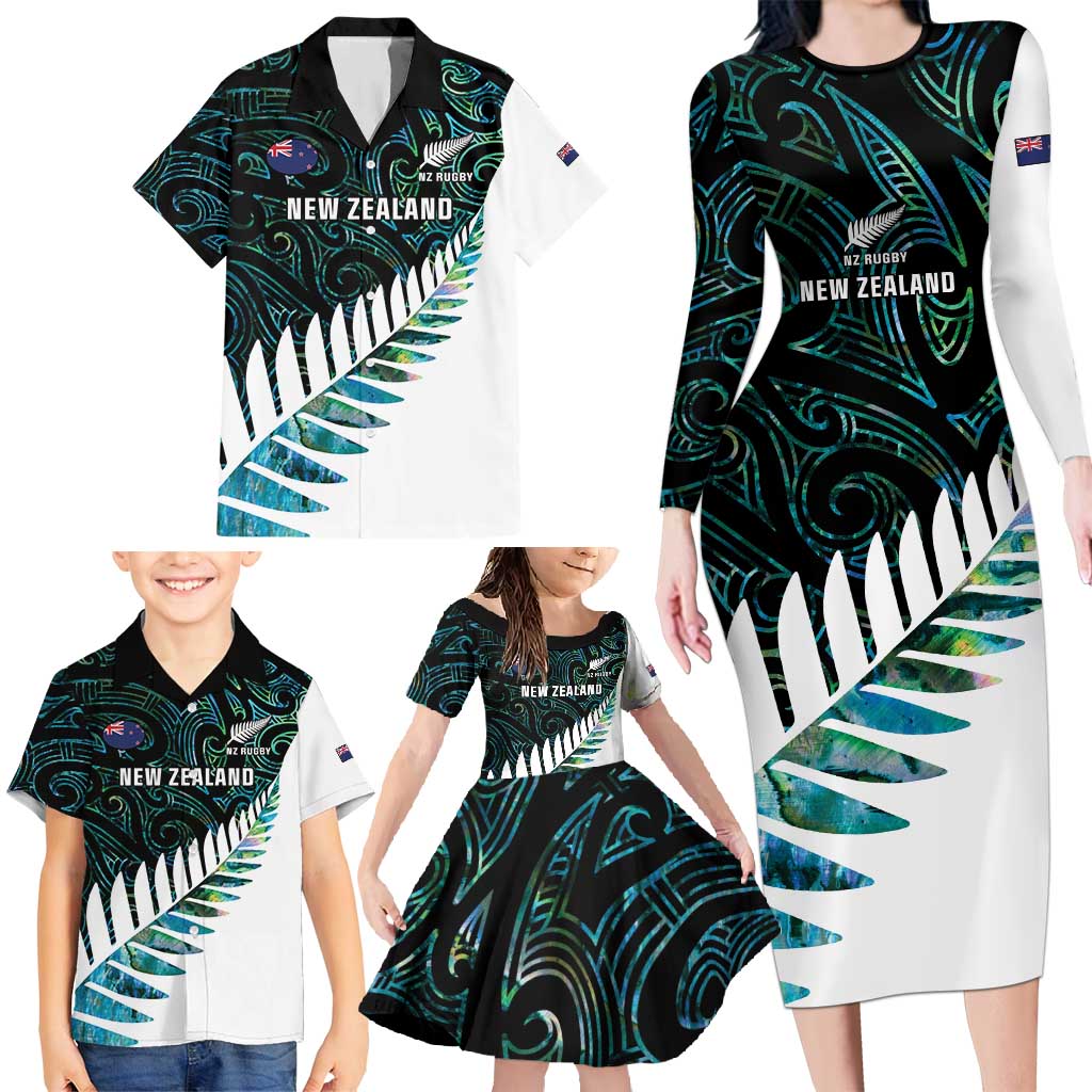 New Zealand Silver Fern Rugby Custom Family Matching Long Sleeve Bodycon Dress and Hawaiian Shirt Go All Black Turquoise Maori Paua Shell LT14 - Polynesian Pride