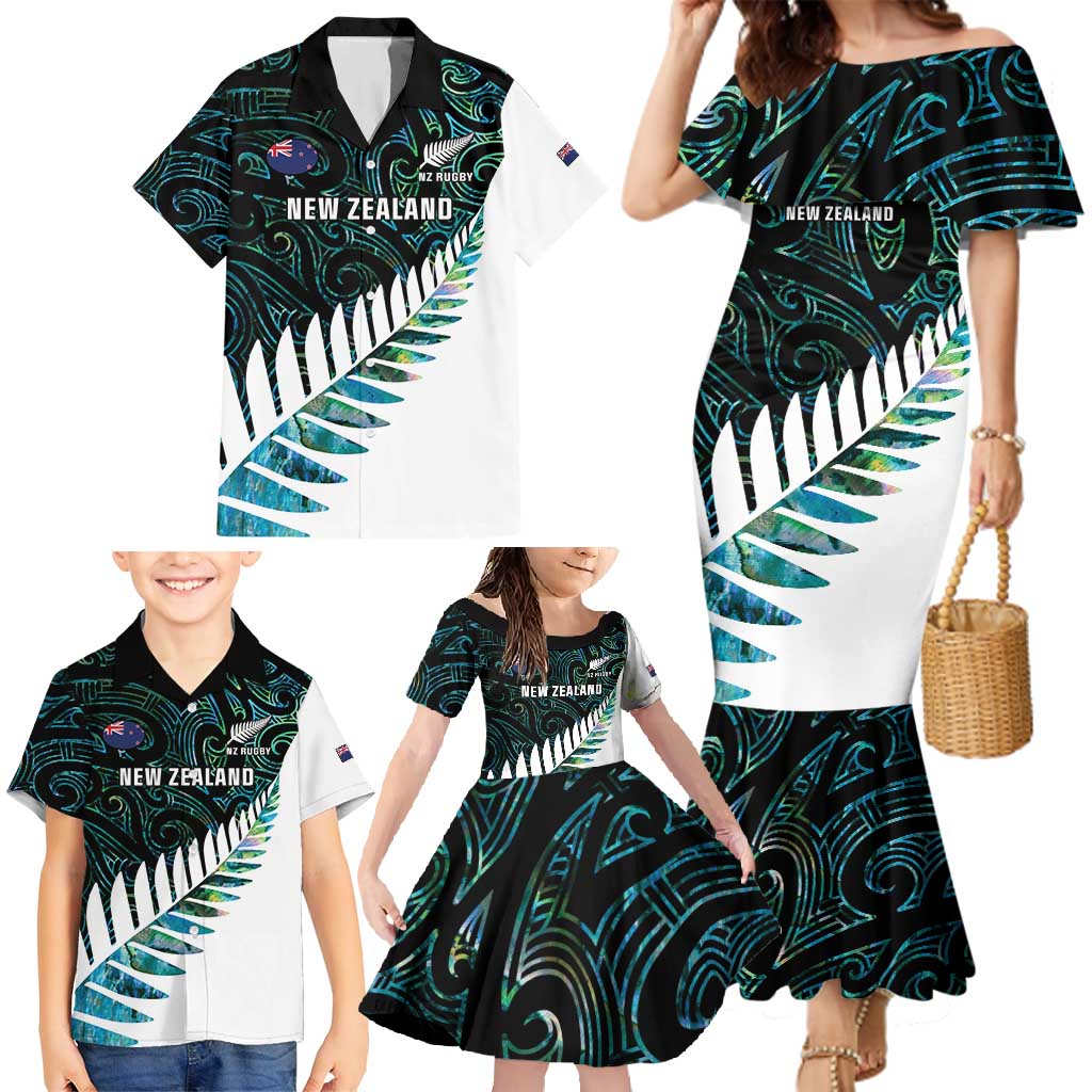 New Zealand Silver Fern Rugby Custom Family Matching Mermaid Dress and Hawaiian Shirt Go All Black Turquoise Maori Paua Shell LT14 - Polynesian Pride