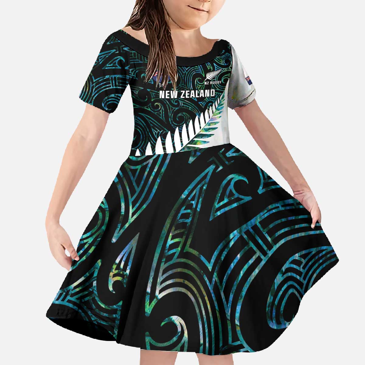 New Zealand Silver Fern Rugby Custom Family Matching Off The Shoulder Long Sleeve Dress and Hawaiian Shirt Go All Black Turquoise Maori Paua Shell LT14 Daughter's Dress Turquoise - Polynesian Pride