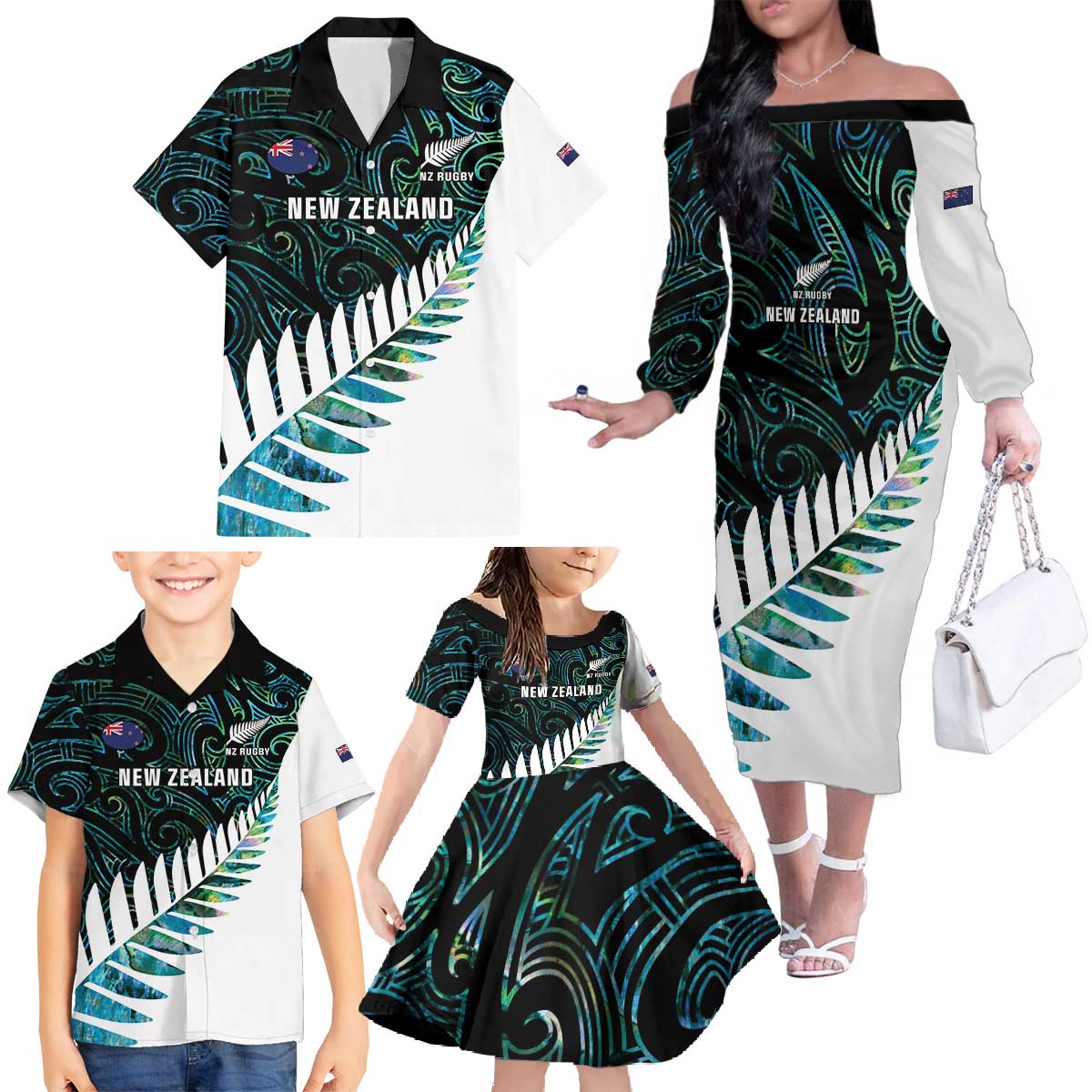 New Zealand Silver Fern Rugby Custom Family Matching Off The Shoulder Long Sleeve Dress and Hawaiian Shirt Go All Black Turquoise Maori Paua Shell LT14 - Polynesian Pride