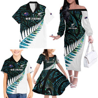 New Zealand Silver Fern Rugby Custom Family Matching Off The Shoulder Long Sleeve Dress and Hawaiian Shirt Go All Black Turquoise Maori Paua Shell LT14 - Polynesian Pride