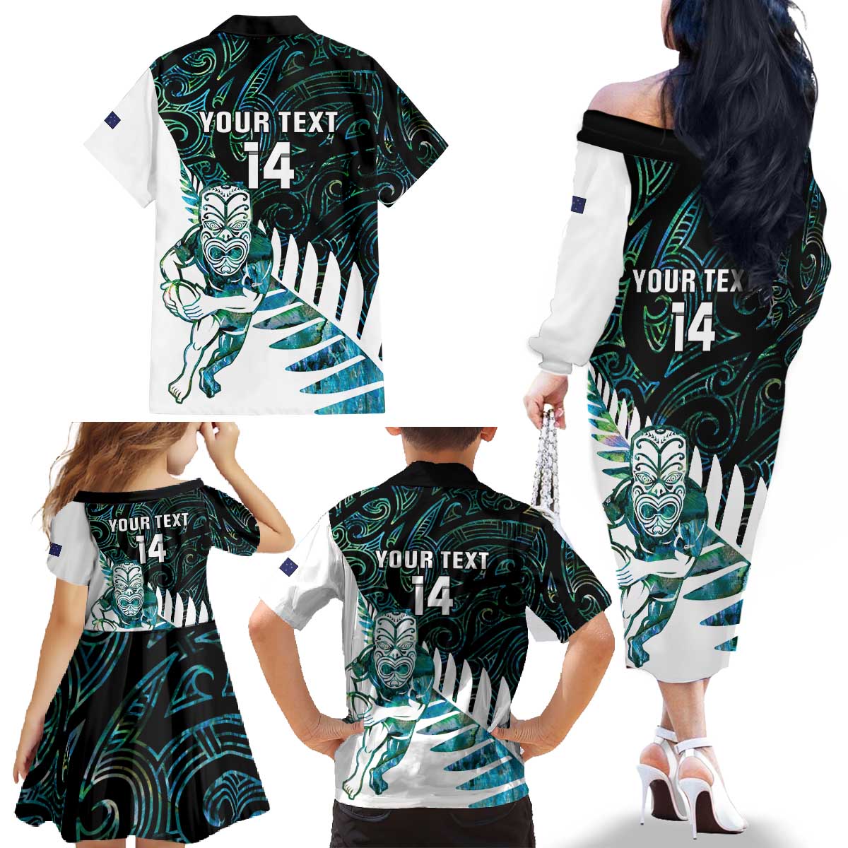 New Zealand Silver Fern Rugby Custom Family Matching Off The Shoulder Long Sleeve Dress and Hawaiian Shirt Go All Black Turquoise Maori Paua Shell LT14 - Polynesian Pride