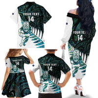 New Zealand Silver Fern Rugby Custom Family Matching Off The Shoulder Long Sleeve Dress and Hawaiian Shirt Go All Black Turquoise Maori Paua Shell LT14 - Polynesian Pride