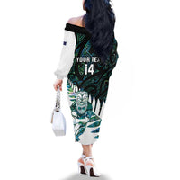 New Zealand Silver Fern Rugby Custom Family Matching Off The Shoulder Long Sleeve Dress and Hawaiian Shirt Go All Black Turquoise Maori Paua Shell LT14 - Polynesian Pride