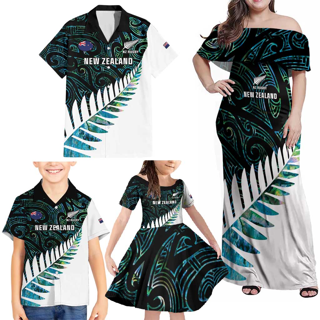 New Zealand Silver Fern Rugby Custom Family Matching Off Shoulder Maxi Dress and Hawaiian Shirt Go All Black Turquoise Maori Paua Shell LT14 - Polynesian Pride