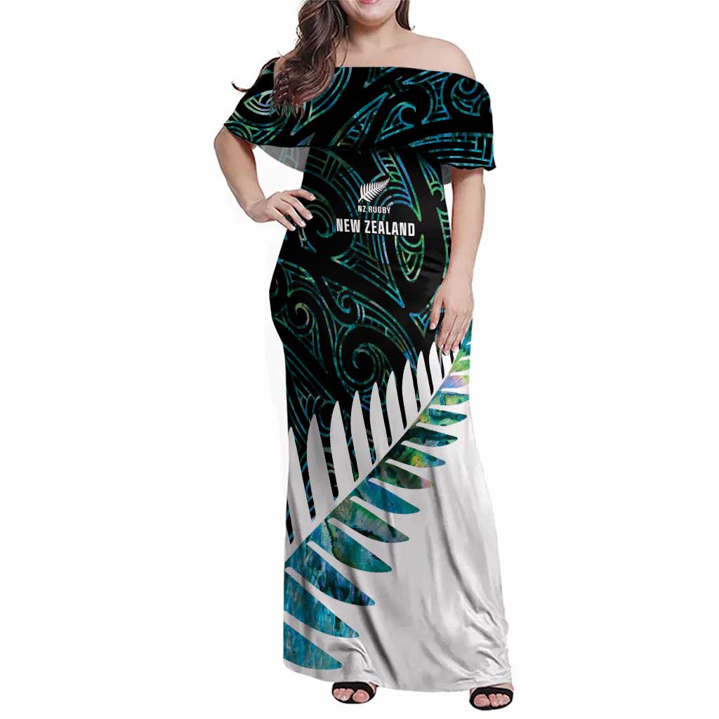 New Zealand Silver Fern Rugby Custom Family Matching Off Shoulder Maxi Dress and Hawaiian Shirt Go All Black Turquoise Maori Paua Shell LT14 Mom's Dress Turquoise - Polynesian Pride