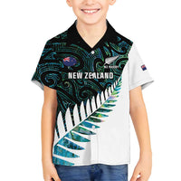 New Zealand Silver Fern Rugby Custom Family Matching Off Shoulder Maxi Dress and Hawaiian Shirt Go All Black Turquoise Maori Paua Shell LT14 Son's Shirt Turquoise - Polynesian Pride