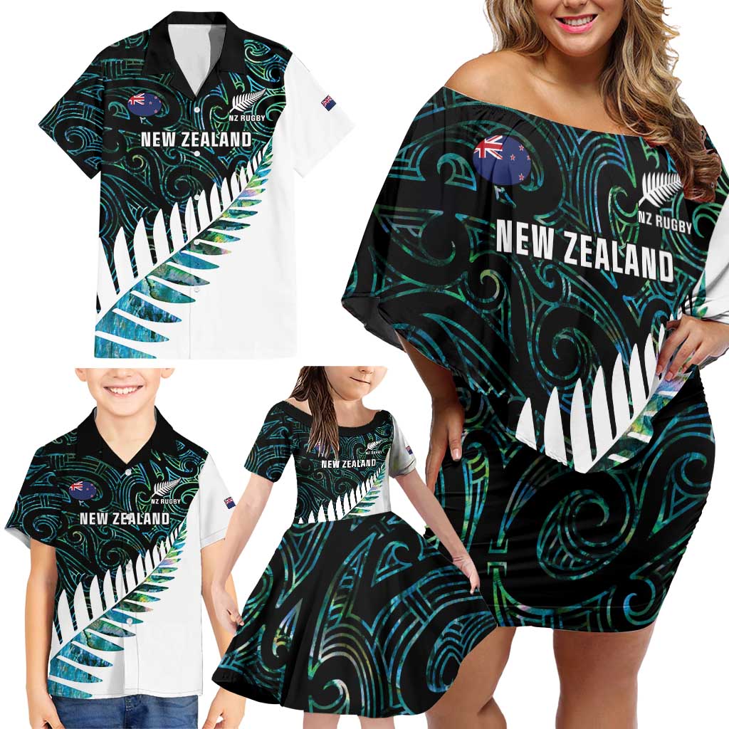 New Zealand Silver Fern Rugby Custom Family Matching Off Shoulder Short Dress and Hawaiian Shirt Go All Black Turquoise Maori Paua Shell LT14 - Polynesian Pride