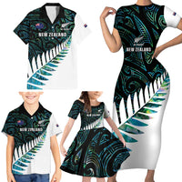 New Zealand Silver Fern Rugby Custom Family Matching Short Sleeve Bodycon Dress and Hawaiian Shirt Go All Black Turquoise Maori Paua Shell LT14 - Polynesian Pride