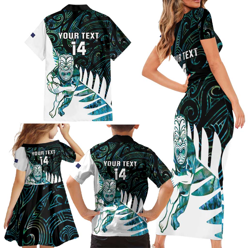 New Zealand Silver Fern Rugby Custom Family Matching Short Sleeve Bodycon Dress and Hawaiian Shirt Go All Black Turquoise Maori Paua Shell LT14 - Polynesian Pride