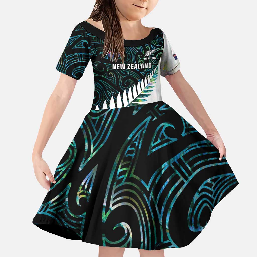 New Zealand Silver Fern Rugby Custom Family Matching Summer Maxi Dress and Hawaiian Shirt Go All Black Turquoise Maori Paua Shell LT14 Daughter's Dress Turquoise - Polynesian Pride