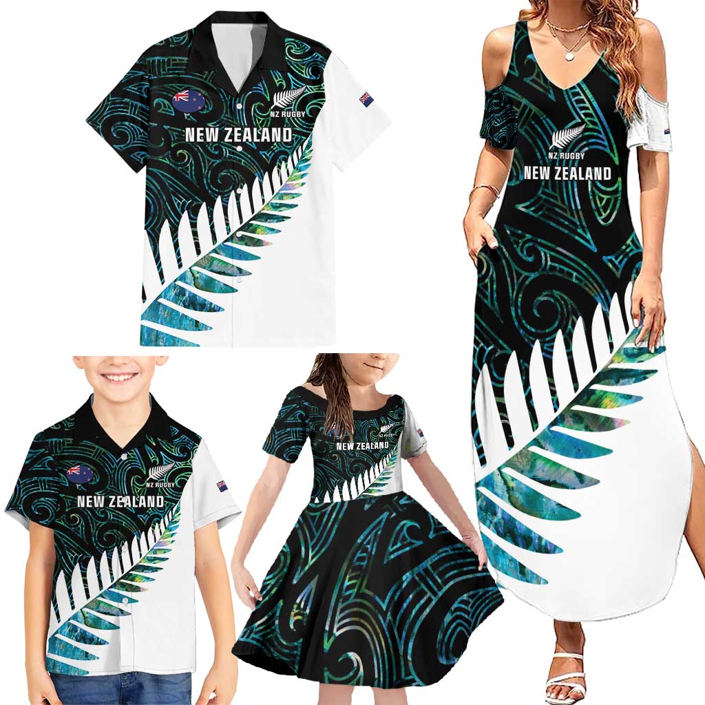 New Zealand Silver Fern Rugby Custom Family Matching Summer Maxi Dress and Hawaiian Shirt Go All Black Turquoise Maori Paua Shell LT14 - Polynesian Pride