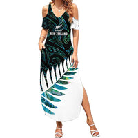 New Zealand Silver Fern Rugby Custom Family Matching Summer Maxi Dress and Hawaiian Shirt Go All Black Turquoise Maori Paua Shell LT14 Mom's Dress Turquoise - Polynesian Pride