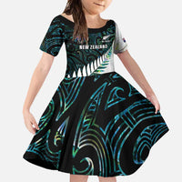 New Zealand Silver Fern Rugby Custom Family Matching Tank Maxi Dress and Hawaiian Shirt Go All Black Turquoise Maori Paua Shell LT14 Daughter's Dress Turquoise - Polynesian Pride