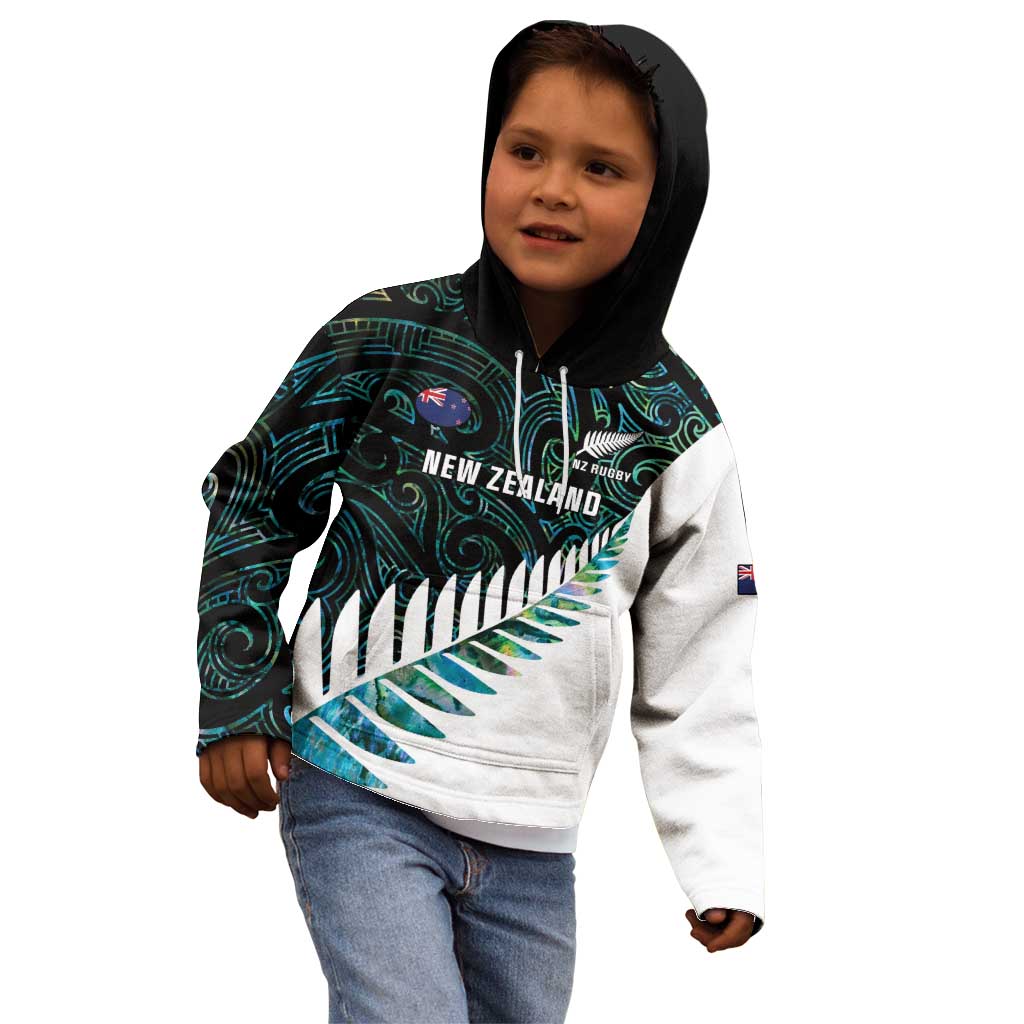 New Zealand Silver Fern Rugby Custom Kid Hoodie Go All Black Turquoise Maori Paua Shell LT14 - Polynesian Pride