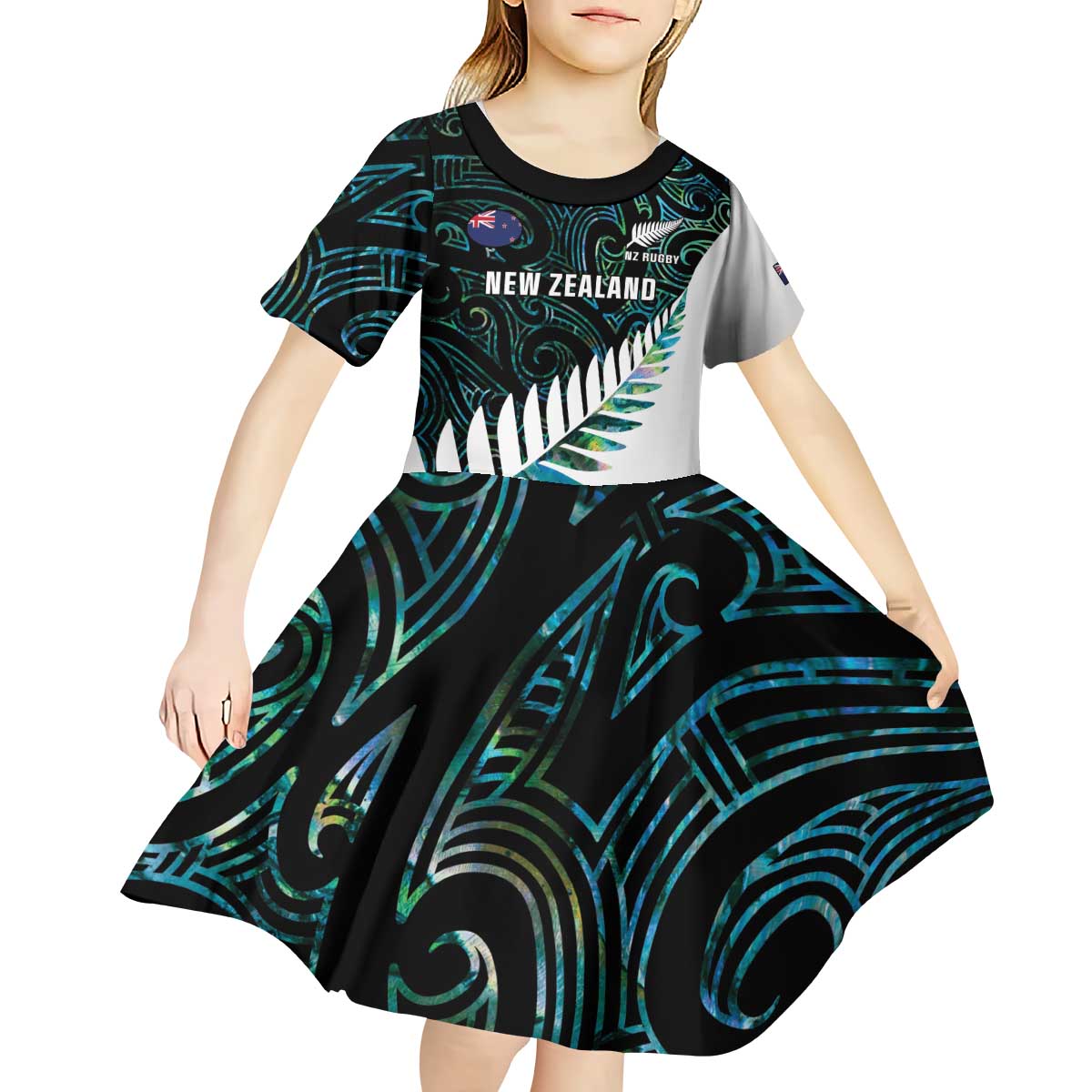 New Zealand Silver Fern Rugby Custom Kid Short Sleeve Dress Go All Black Turquoise Maori Paua Shell LT14 - Polynesian Pride