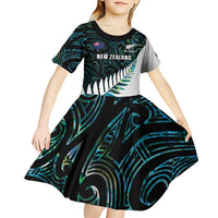 New Zealand Silver Fern Rugby Custom Kid Short Sleeve Dress Go All Black Turquoise Maori Paua Shell LT14 - Polynesian Pride