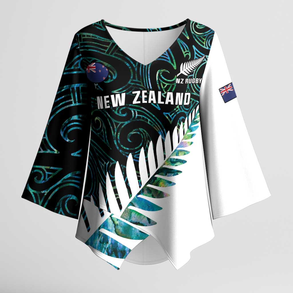 New Zealand Silver Fern Rugby Custom Kimono Sleeve Blouse Go All Black Turquoise Maori Paua Shell LT14 Female Turquoise - Polynesian Pride