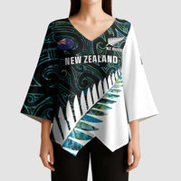 New Zealand Silver Fern Rugby Custom Kimono Sleeve Blouse Go All Black Turquoise Maori Paua Shell LT14 - Polynesian Pride