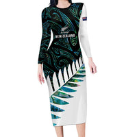 New Zealand Silver Fern Rugby Custom Long Sleeve Bodycon Dress Go All Black Turquoise Maori Paua Shell LT14 Long Dress Turquoise - Polynesian Pride