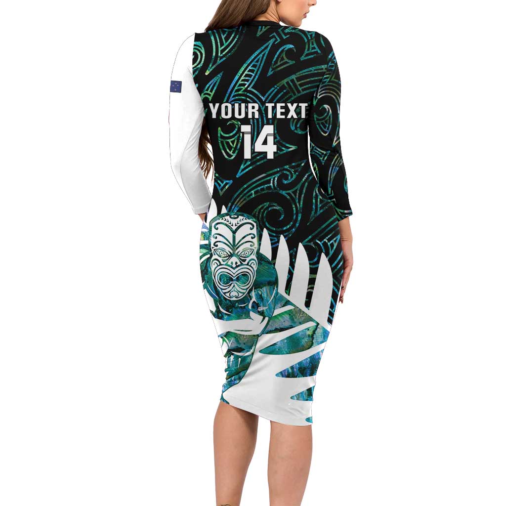 New Zealand Silver Fern Rugby Custom Long Sleeve Bodycon Dress Go All Black Turquoise Maori Paua Shell LT14 - Polynesian Pride