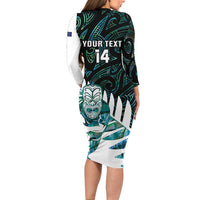 New Zealand Silver Fern Rugby Custom Long Sleeve Bodycon Dress Go All Black Turquoise Maori Paua Shell LT14 - Polynesian Pride