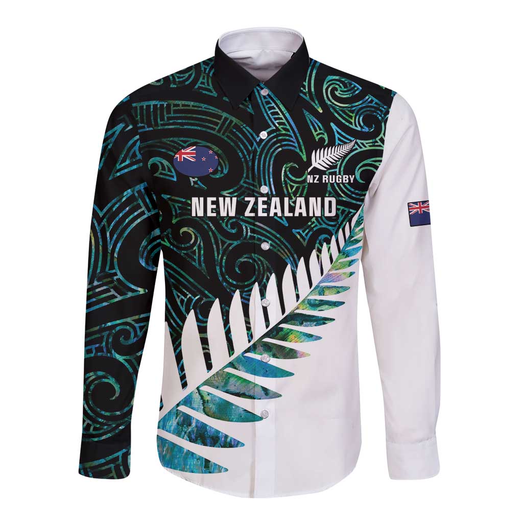 New Zealand Silver Fern Rugby Custom Long Sleeve Button Shirt Go All Black Turquoise Maori Paua Shell - Polynesian Pride