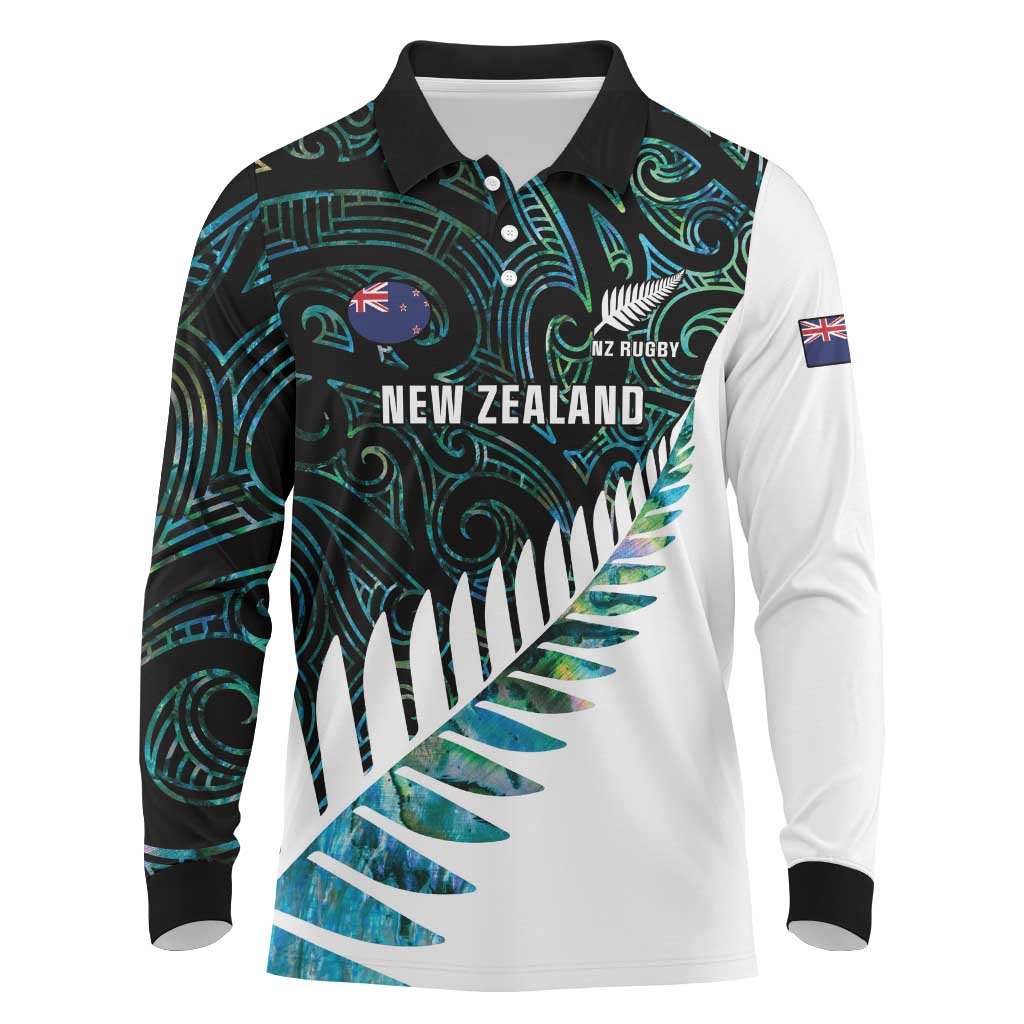 New Zealand Silver Fern Rugby Custom Long Sleeve Polo Shirt Go All Black Turquoise Maori Paua Shell LT14 Turquoise - Polynesian Pride