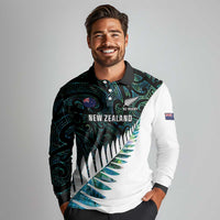 New Zealand Silver Fern Rugby Custom Long Sleeve Polo Shirt Go All Black Turquoise Maori Paua Shell LT14 - Polynesian Pride
