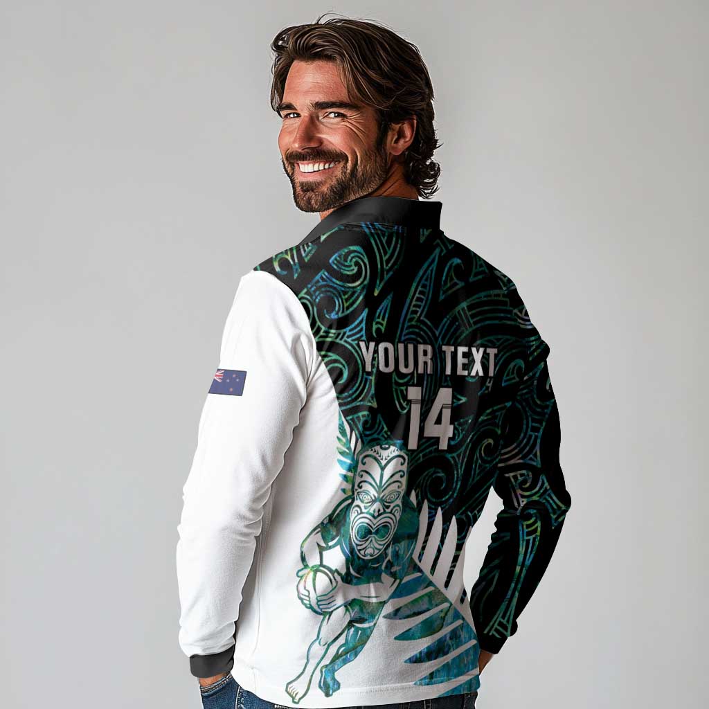 New Zealand Silver Fern Rugby Custom Long Sleeve Polo Shirt Go All Black Turquoise Maori Paua Shell LT14 - Polynesian Pride